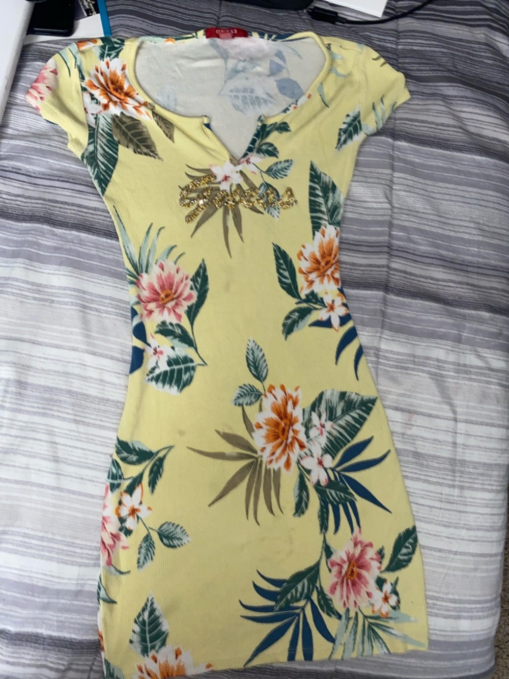 Pre-Owned XS Womens Guess Yellow Floral Bodycon Dress